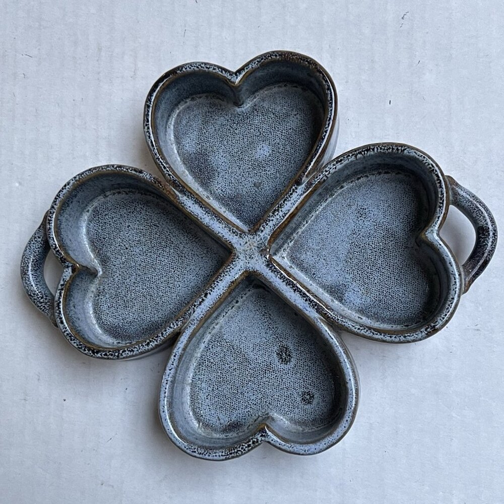 Handmade Studio Art Pottery Denim Blue Heart Handle Marked Trinket‎ Dish Decor